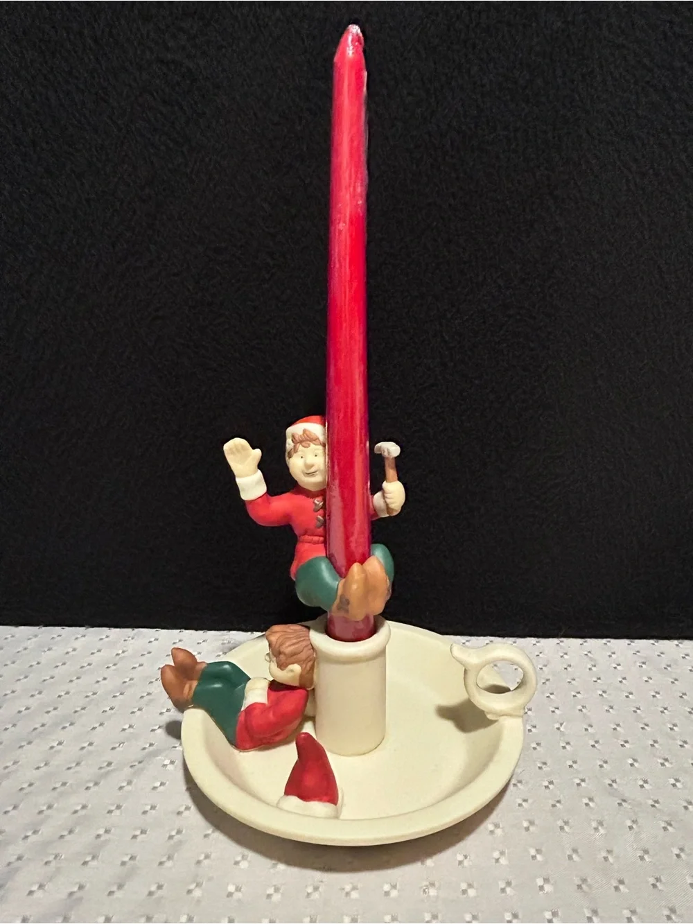 PartyLite 1990s Christmas Elves Saucerlite Bisque Porcelain Candle Stick Holder